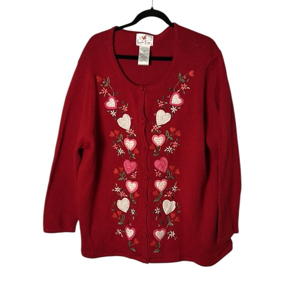 Quacker Factory embroidered  knit cardigan,red button front,hearts,sequins,felt - Picture 11 of 11